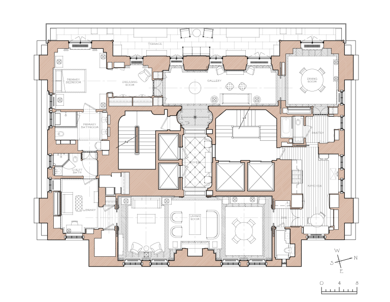 Detailed architectural floor plan of a Residence on Fifth Avenue shows labeled rooms: bedrooms, dressing rooms, bathrooms, study, dining, kitchen, pantry, gallery, terrace, and living areas. Furniture, doors, windows, and hallways are clearly marked. A compass rose and scale are at the bottom right.